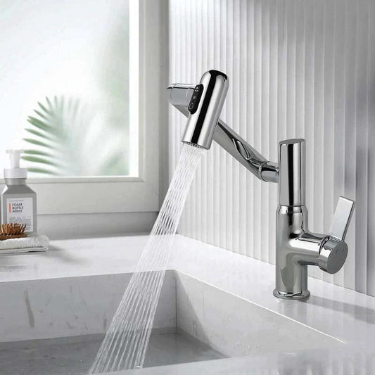 Chrome kitchen faucet with water flowing in a modern kitchen setting