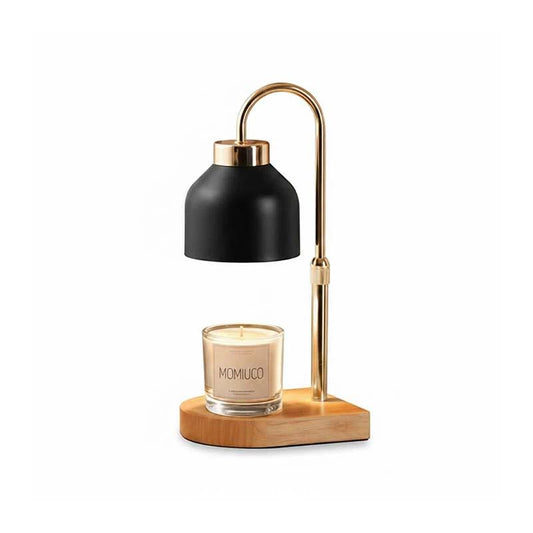 Candle Warming Lamp with Timer — black shade, brass arch, wooden base.