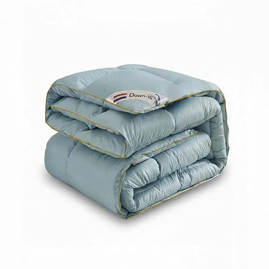 Goose Down Duvet light-blue, all-season bedding, folded on white background