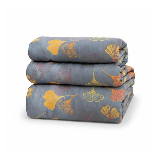 Reversible Ginkgo Leaf Cotton Throw Blanket blue-grey with yellow-orange ginkgo leaf pattern