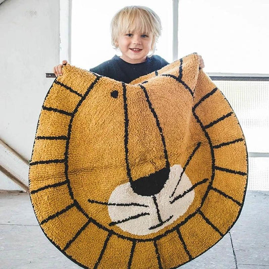 Ultra-Soft Kids Rug – yellow fluffy lion-face playroom mat for floor use; washable non-slip.