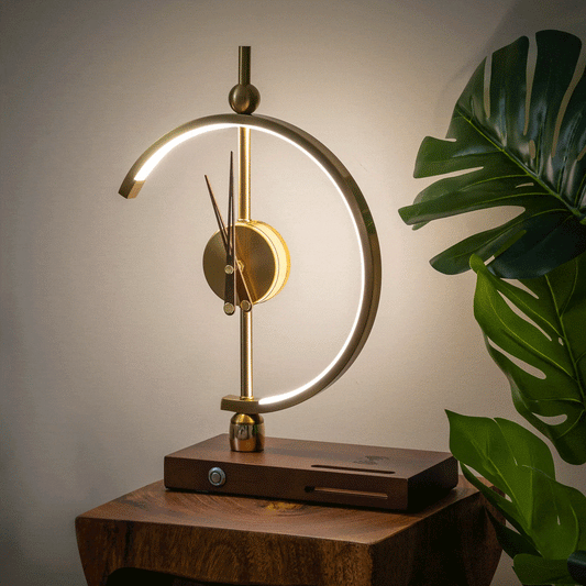 Bedside Lamp: gold-tone LED ring clock lamp on a wooden base, featuring a wireless charger built into the base.