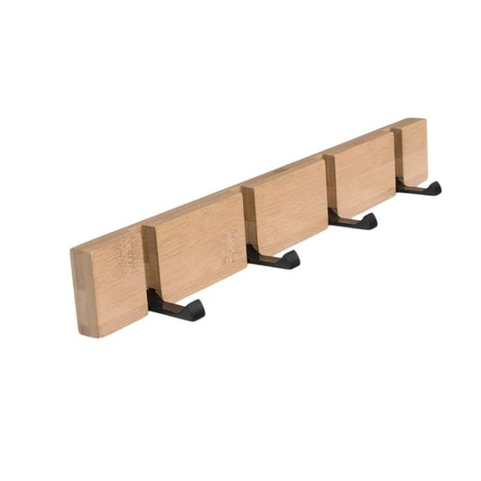 Modern Bamboo Wall Storage - Key Holder and Coat Hooks, wall-mounted bamboo rack with four black hooks.